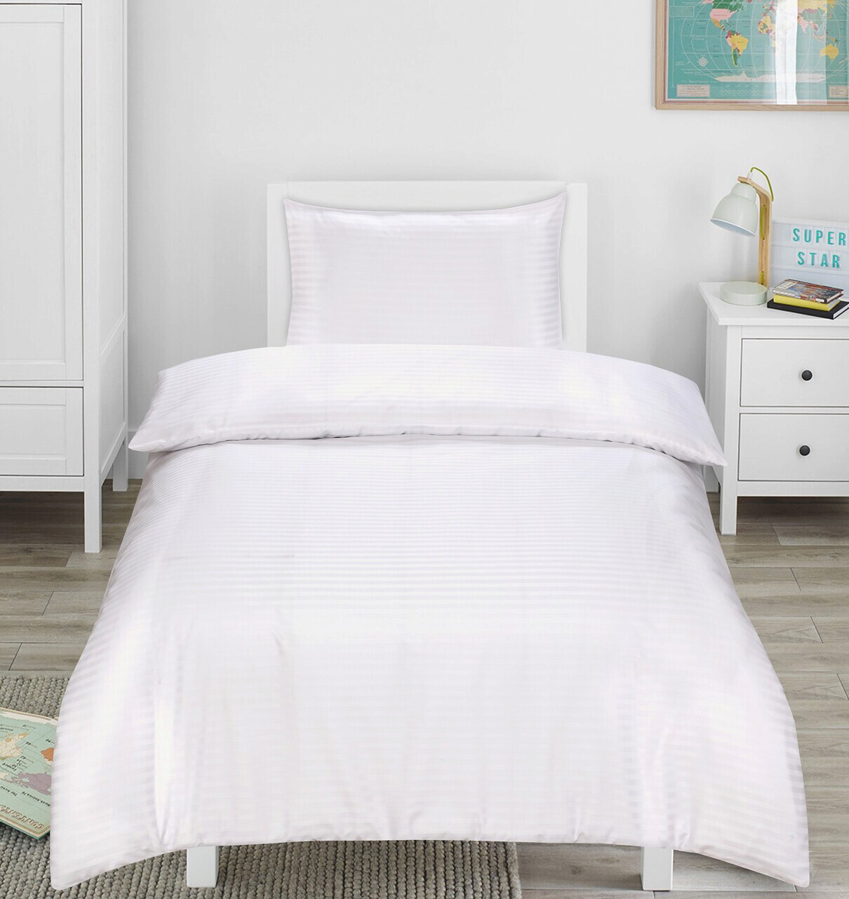 Lenjerie de pat Hotel Line, pentru o persoana, amestec bumbac, satin,  250 TC, alb, cu dungi 1 cm - imagine 4